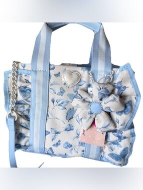 Betsey Johnson Ruffle Blue Rose Butterfly Handbag Satchel Crossbody Tote hearts